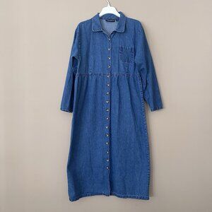 Long Sleeve Denim Maxi Shirt Dress Collared Pocket Women L Farm Mountain Lake